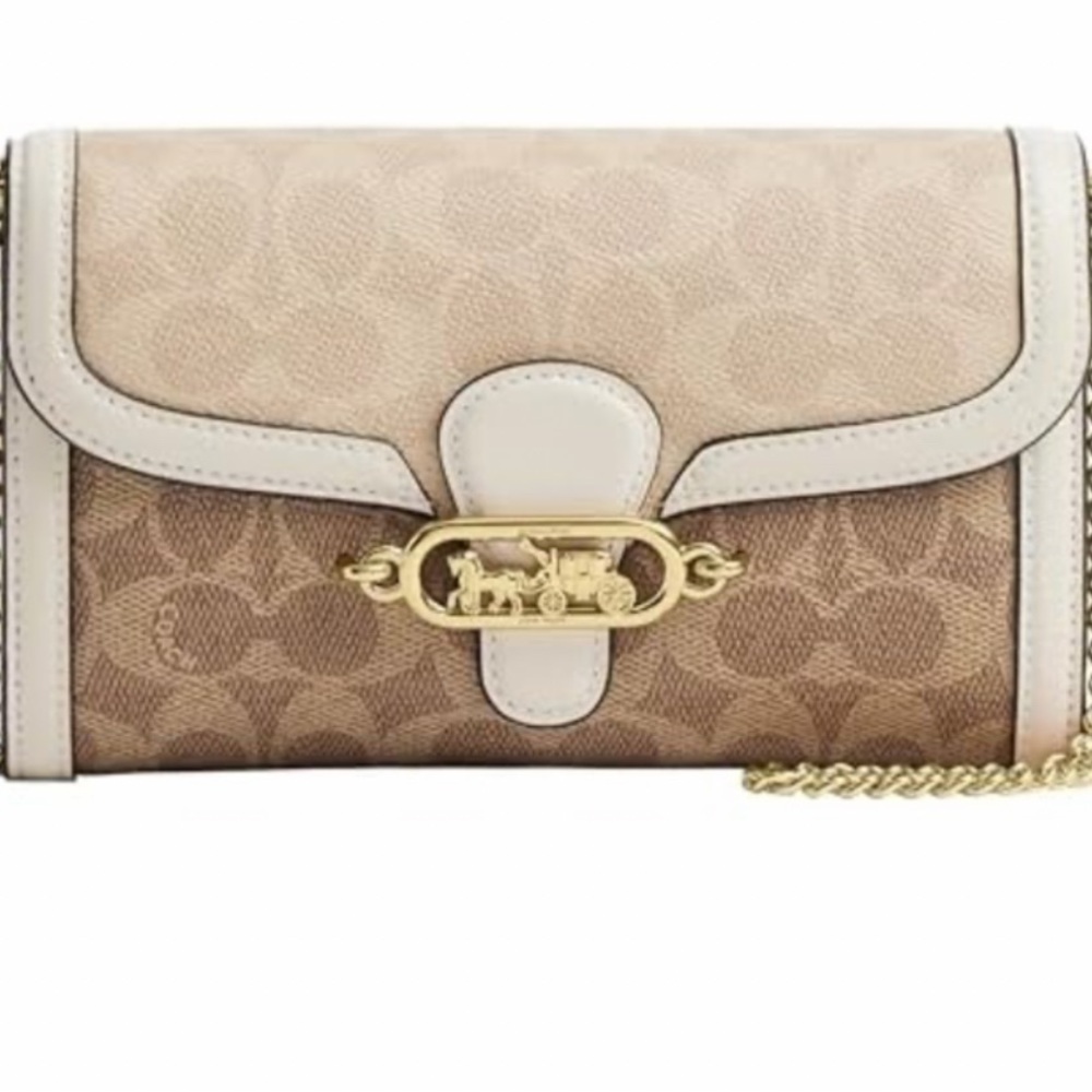 Coach Tan and Cream Signature Clutch with Gold Accent